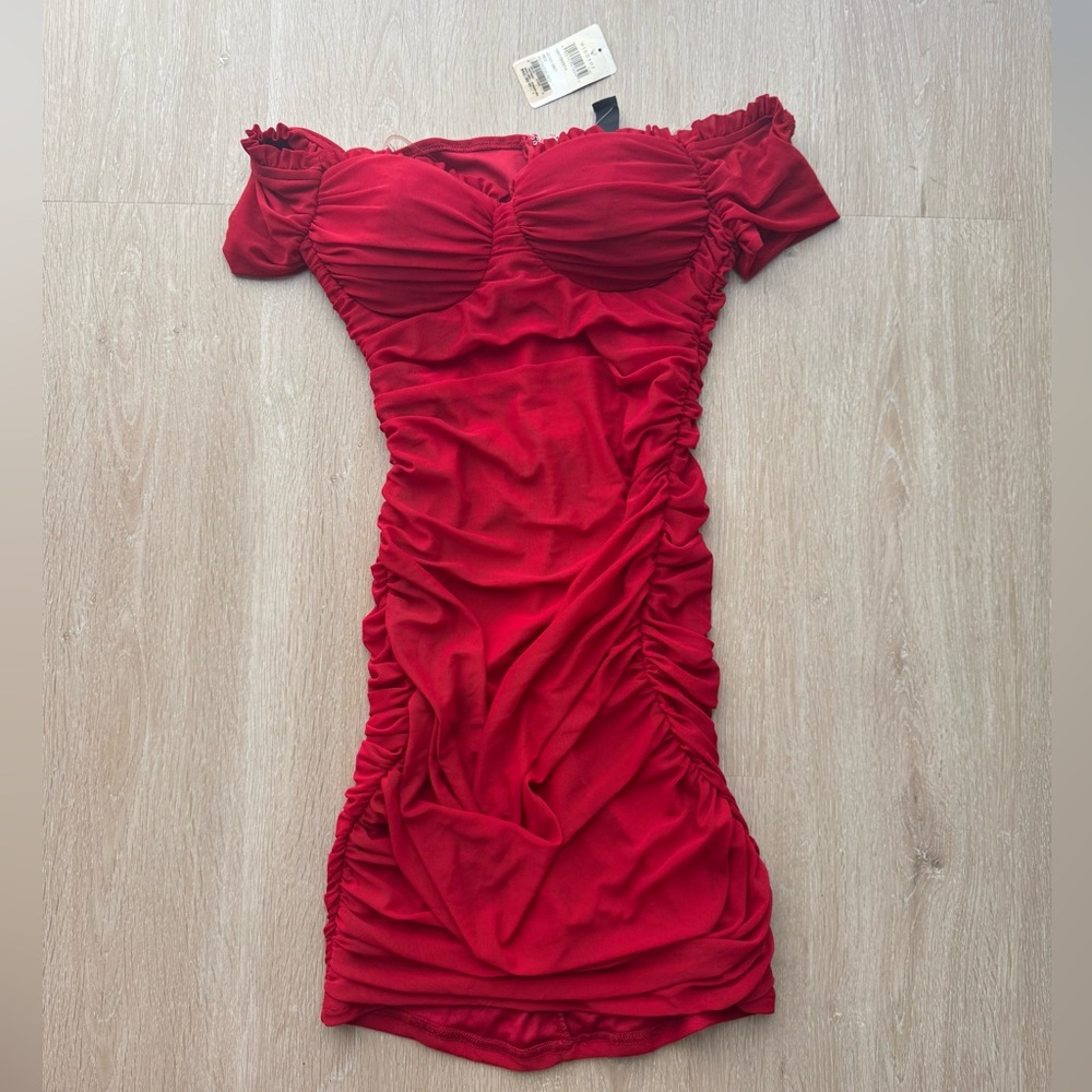 Windsor Red Ruched Off-Shoulder Mini Dress